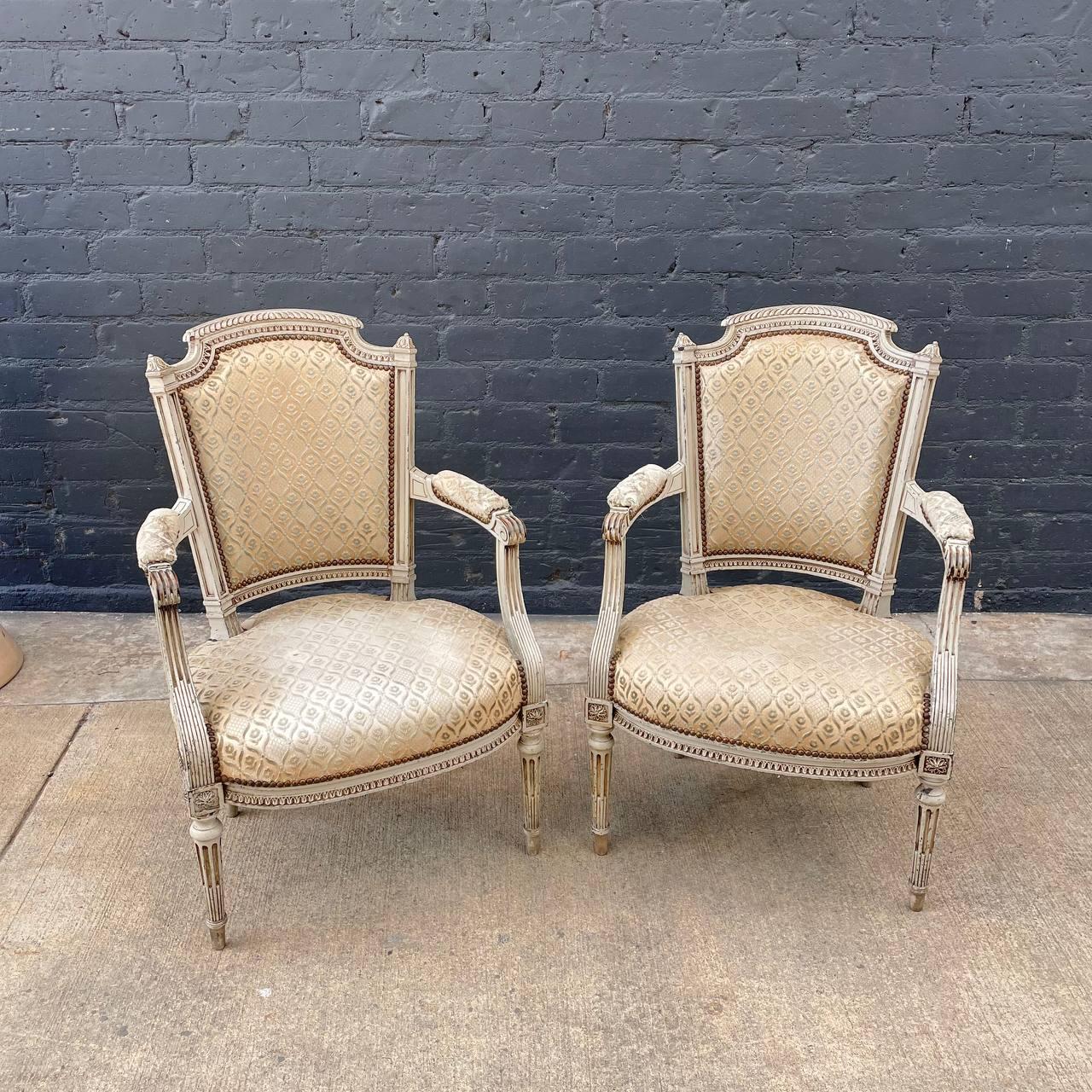 Pair of French Antique Louis XVI Style Hand Carved Arm Chairs

Country: France
Materials: Carved Wood
Style: French Antique
Year: 1920s

Dimensions:
36.50”H x 23”W x 20”D
Seat Height 16”
