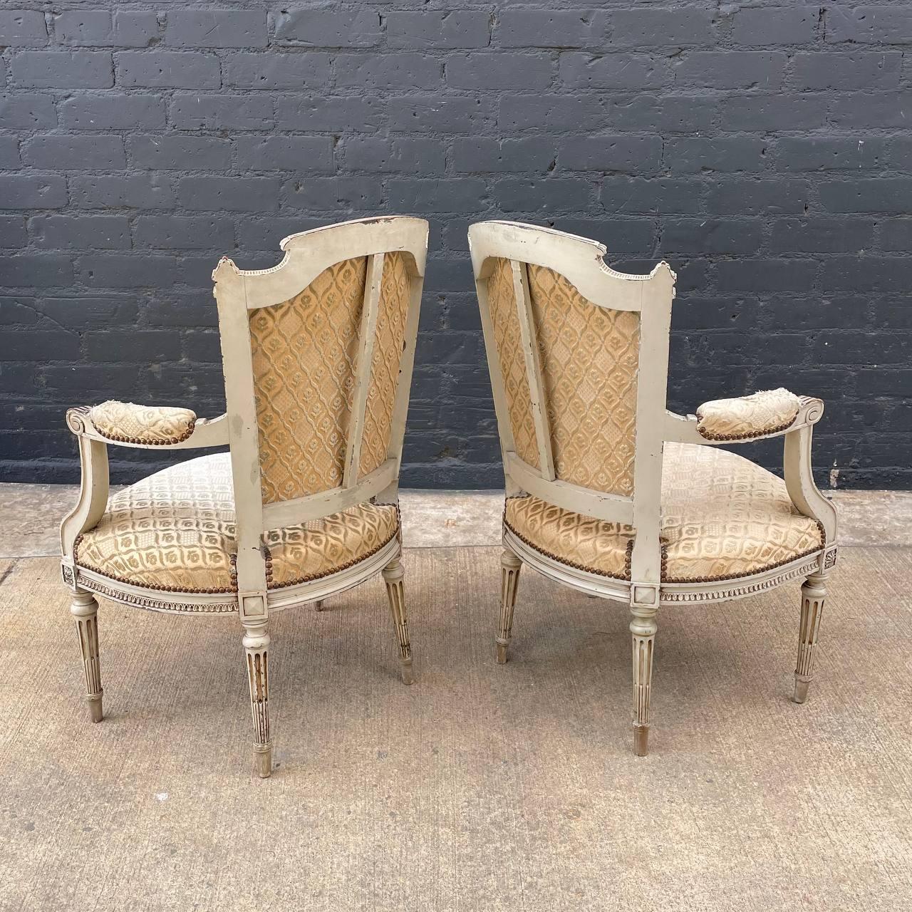 Pair of French Antique Louis XVI Style Hand Carved Arm Chairs In Good Condition In Los Angeles, CA