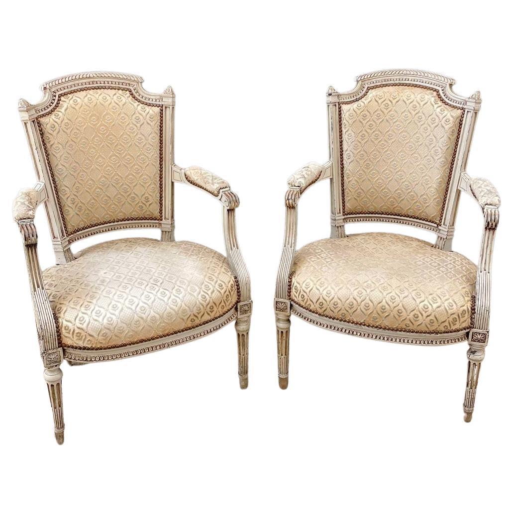 Pair of French Antique Louis XVI Style Hand Carved Arm Chairs