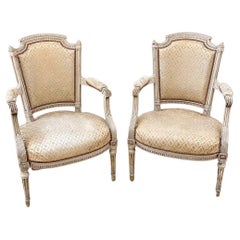 Pair of French Antique Louis VI Style Hand Carved Arm Chairs