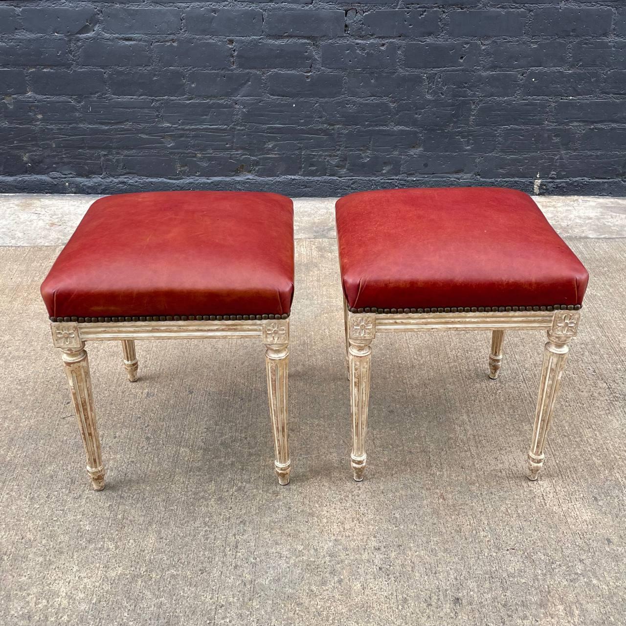 Pair of French Antique Louis XVI Style Hand Carved Stool Benches In Good Condition For Sale In Los Angeles, CA