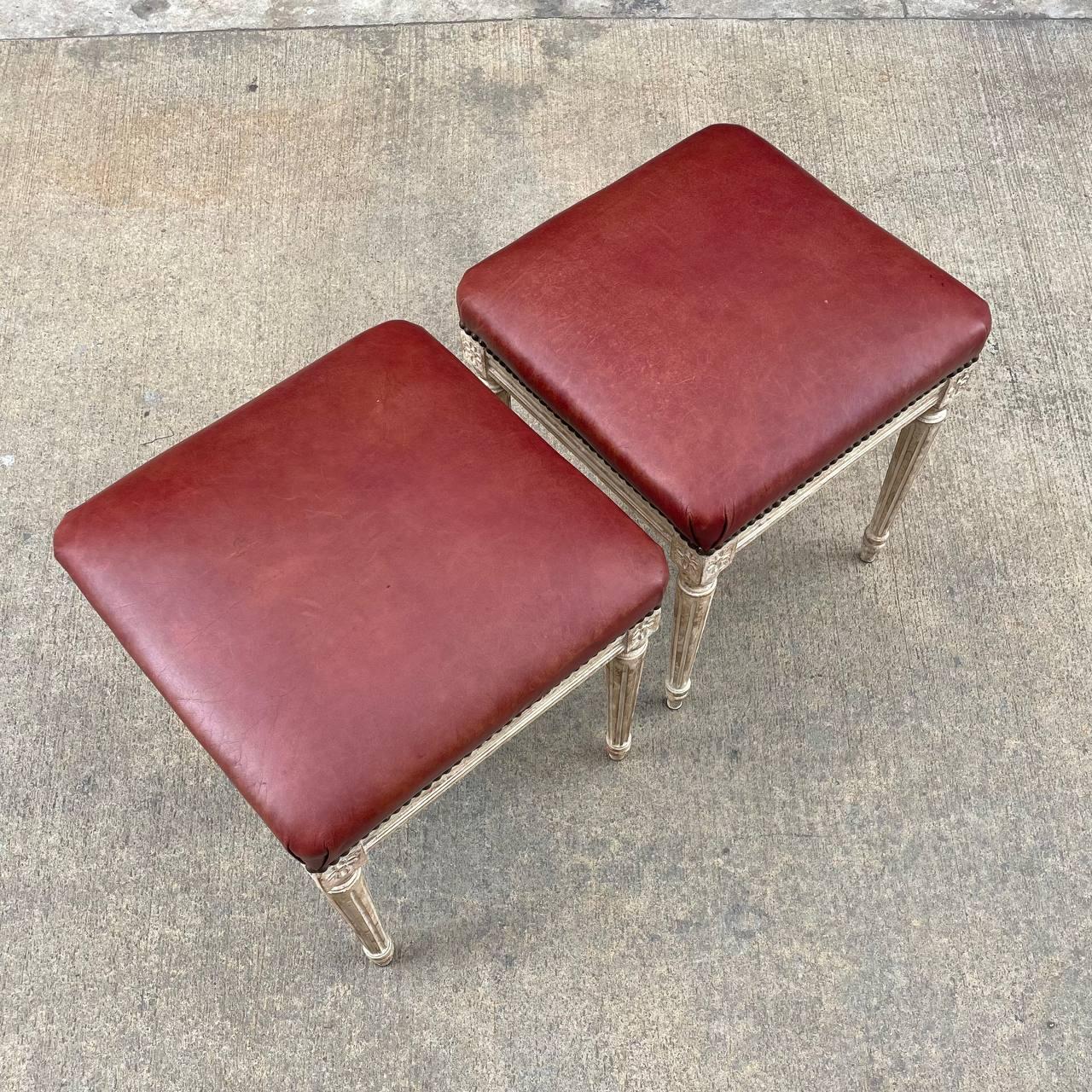 Pair of French Antique Louis XVI Style Hand Carved Stool Benches For Sale 1