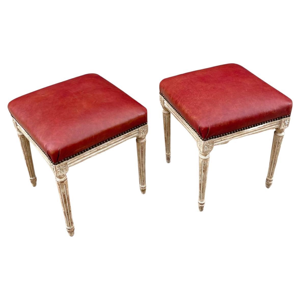 Pair of French Antique Louis XVI Style Hand Carved Stool Benches For Sale