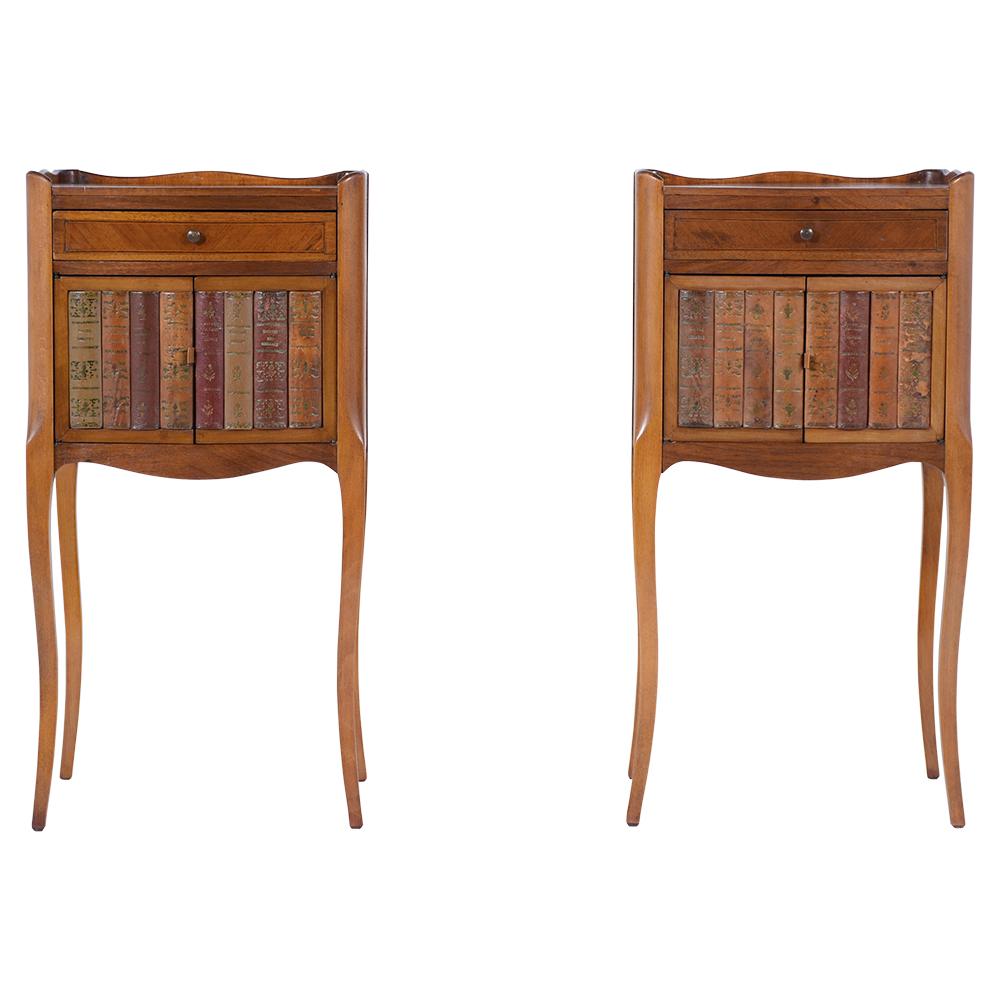 A beautiful pair of Antique French Louis XV Nightstands handcrafted out of mahogany wood with a walnut finish and has been newly restored. These fabulous side tables feature elegant inlay design on the top, a carved molding gallery around a single