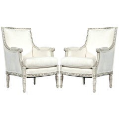 Pair of French Vintage Louis XVI Antique Bergère Armchairs