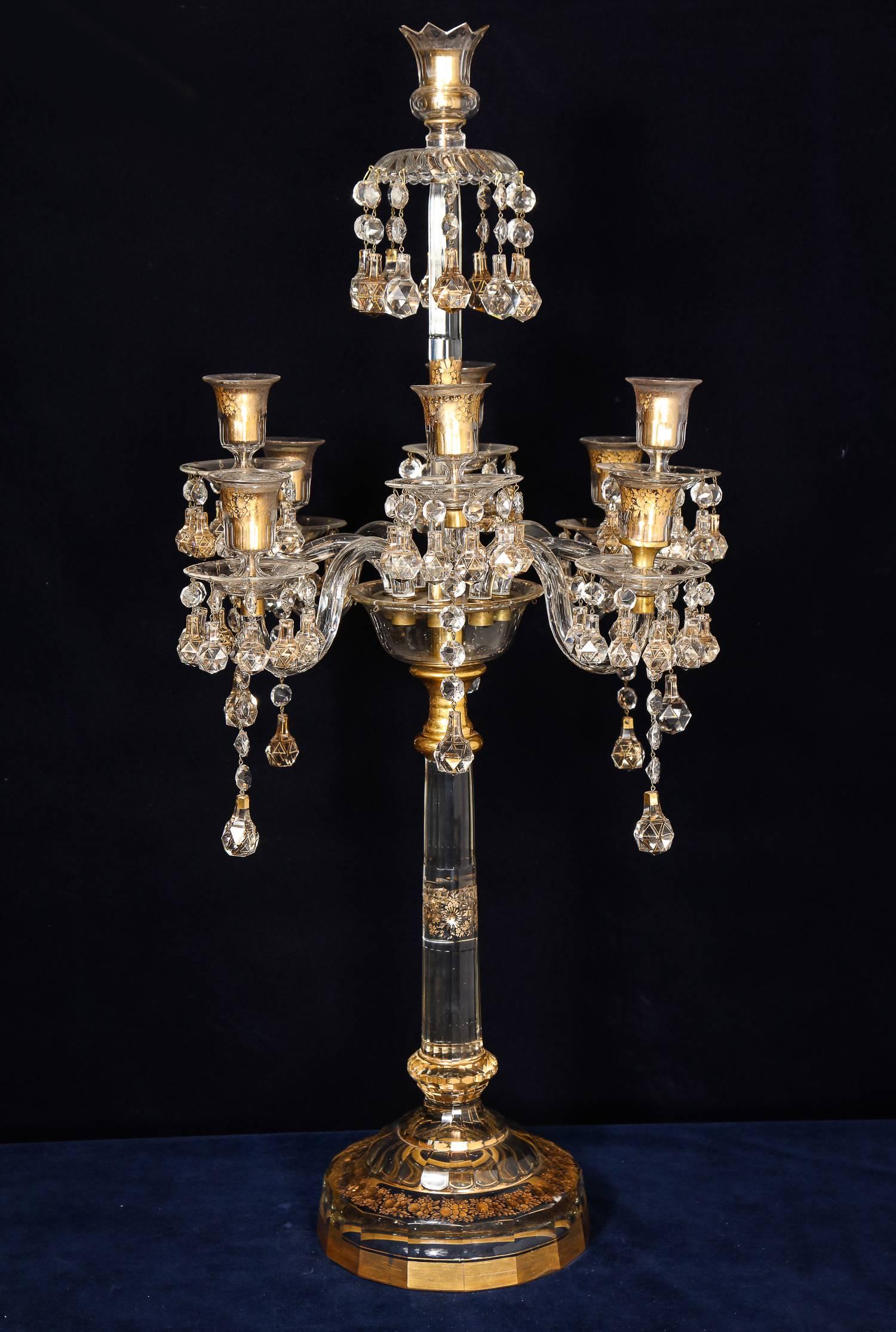 Gilt Pair of French Antique Louis XVI Style Crystal Candelabras Baccarat Attributed For Sale