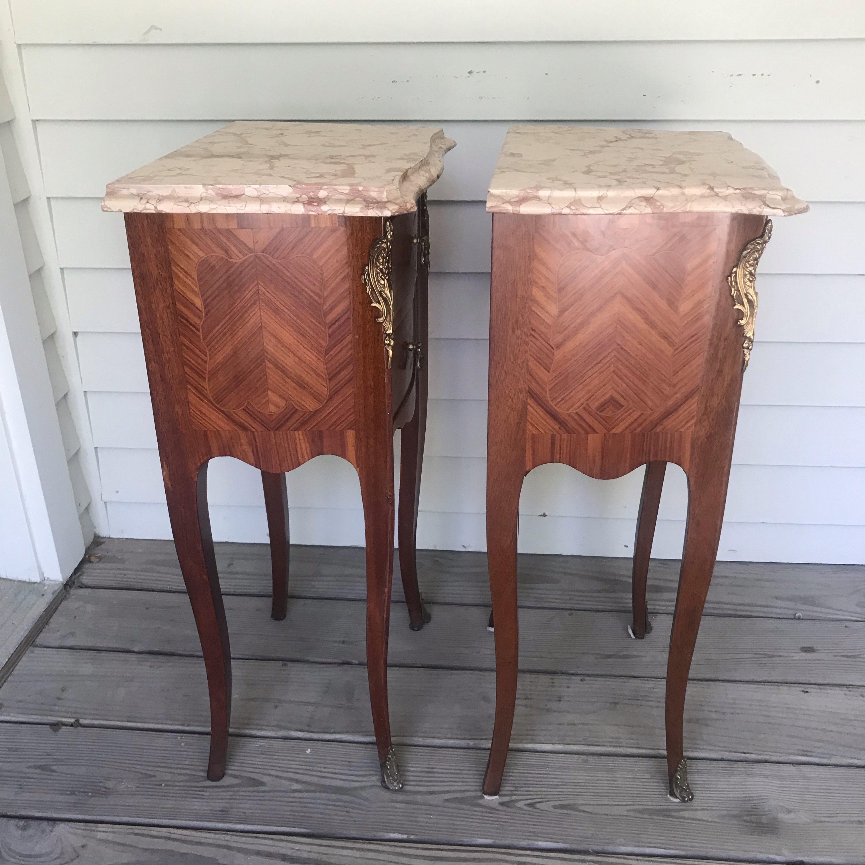 Mid-20th Century Pair of French Antique Marble-Top Nightstands or Bedside Tables