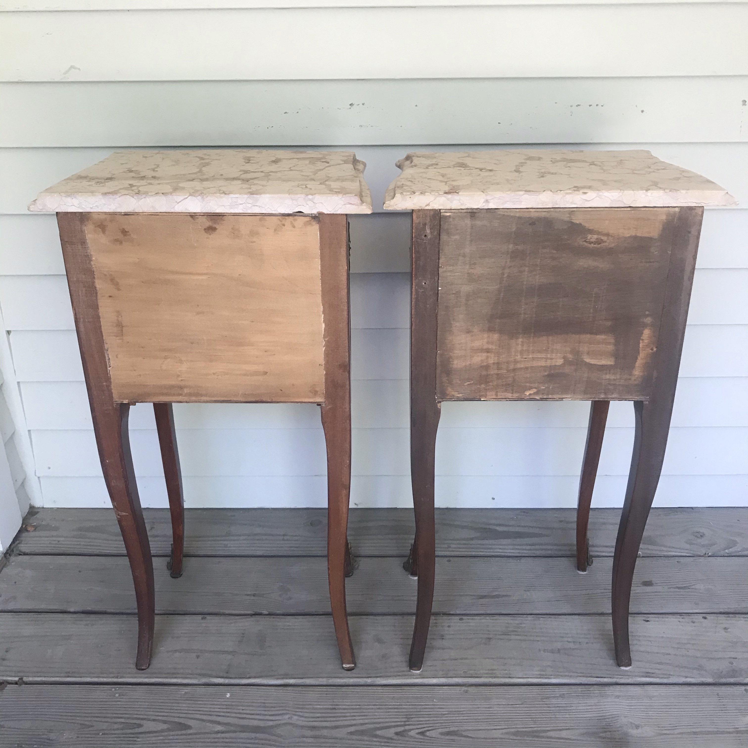 Fruitwood Pair of French Antique Marble-Top Nightstands or Bedside Tables