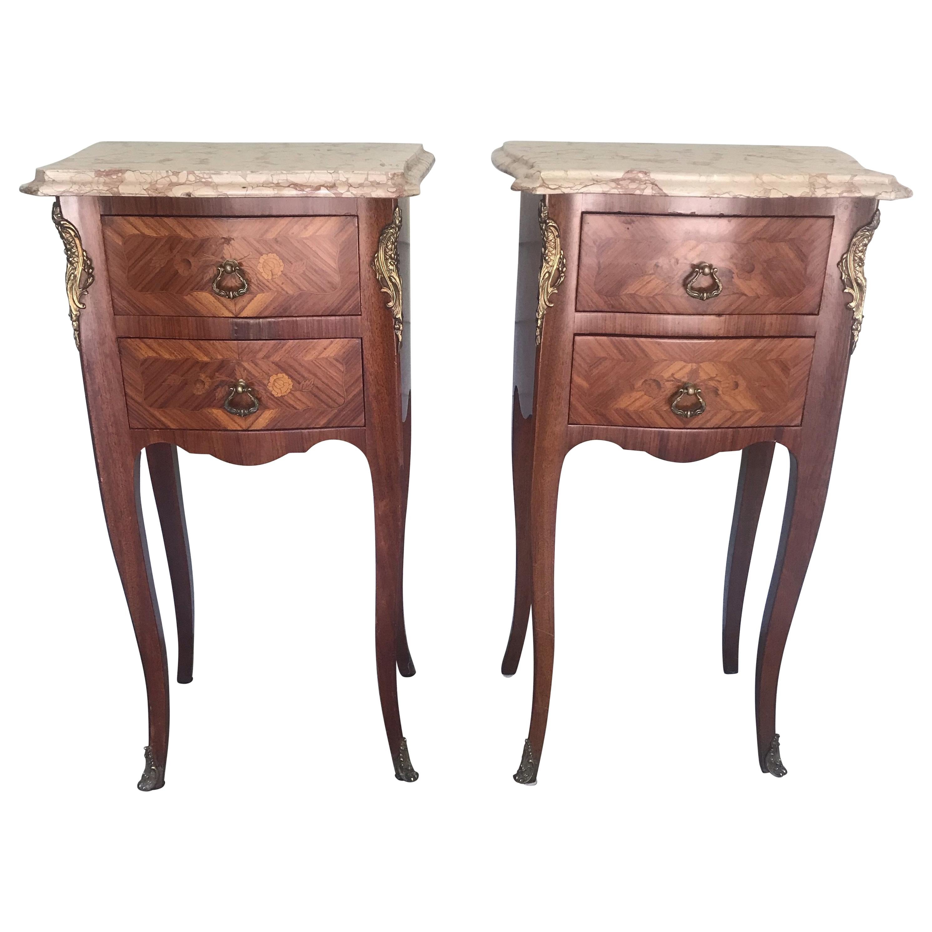 Pair of French Antique Marble-Top Nightstands or Bedside Tables