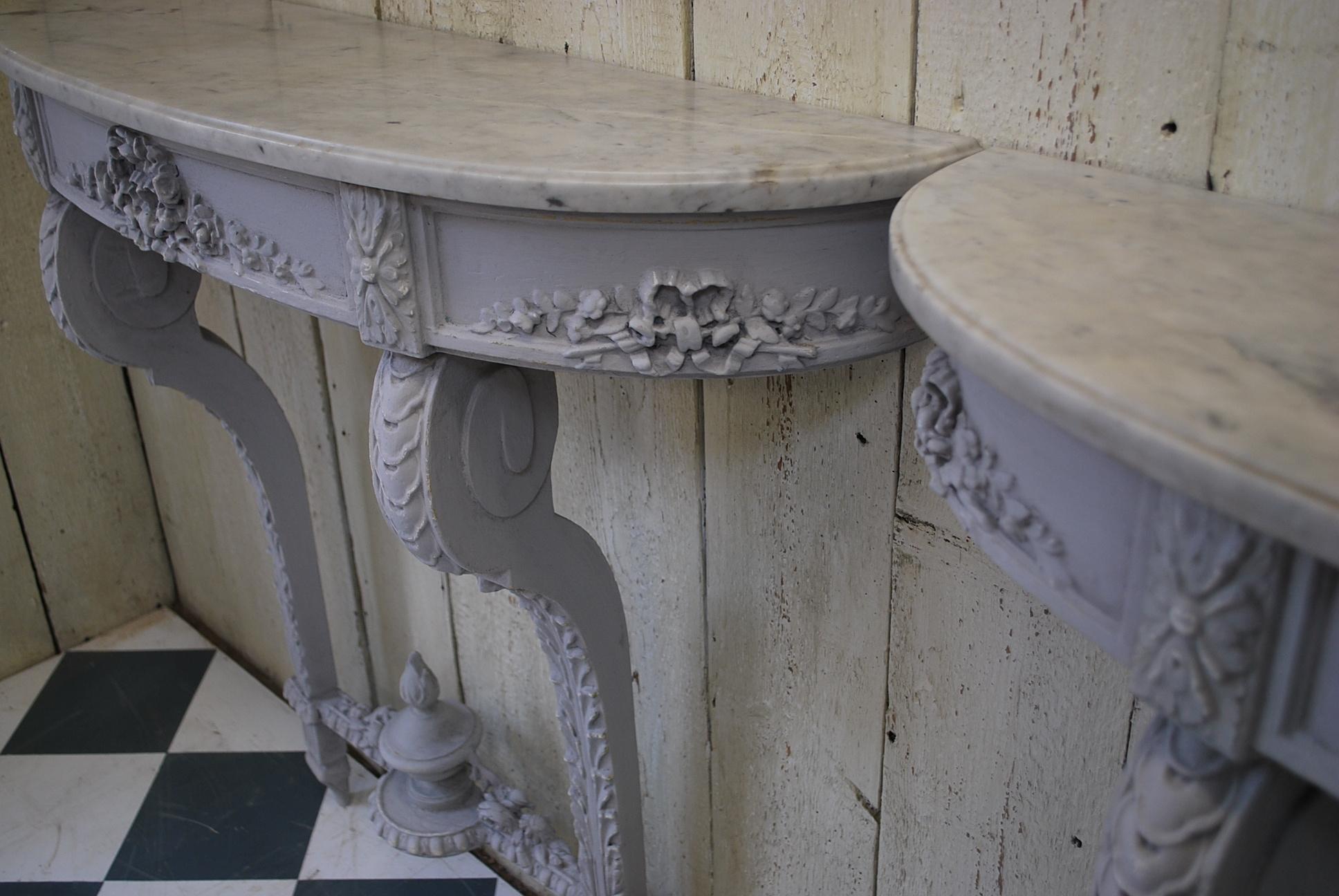 Neoclassical Pair of  French Antique neoclassical  grey painted Console Tables / Pier Tables For Sale