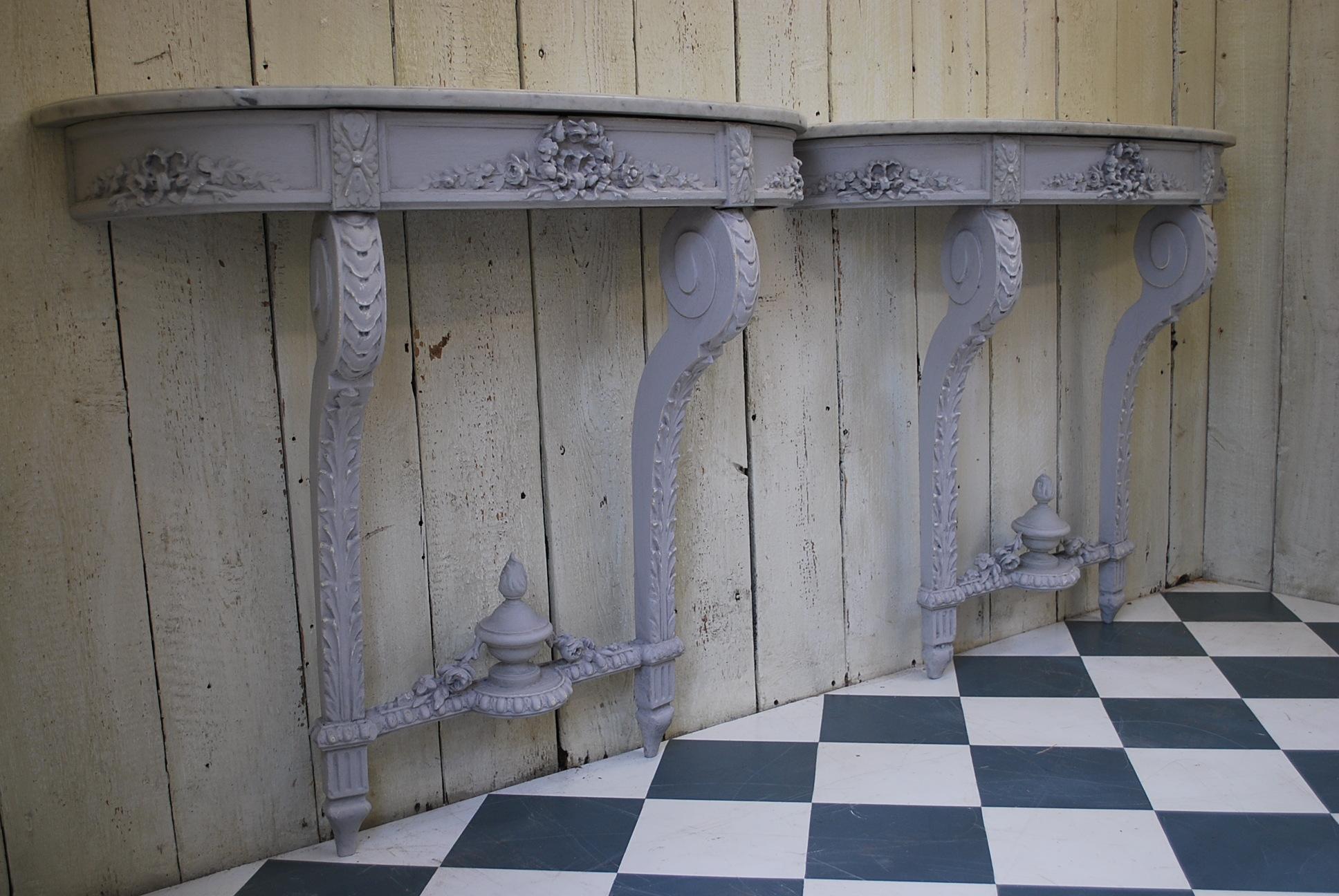19th Century Pair of  French Antique neoclassical  grey painted Console Tables / Pier Tables For Sale