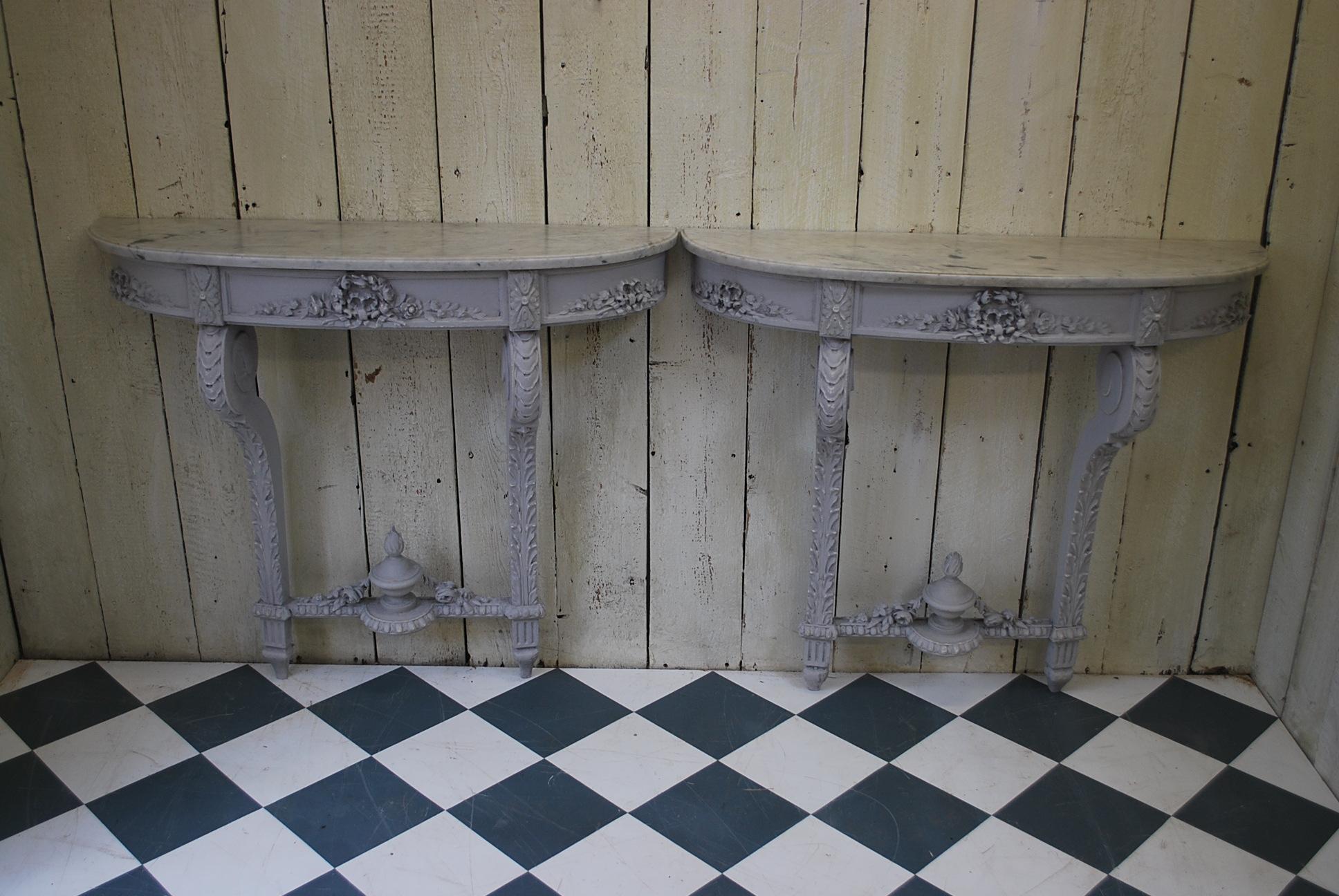 Pine Pair of  French Antique neoclassical  grey painted Console Tables / Pier Tables For Sale