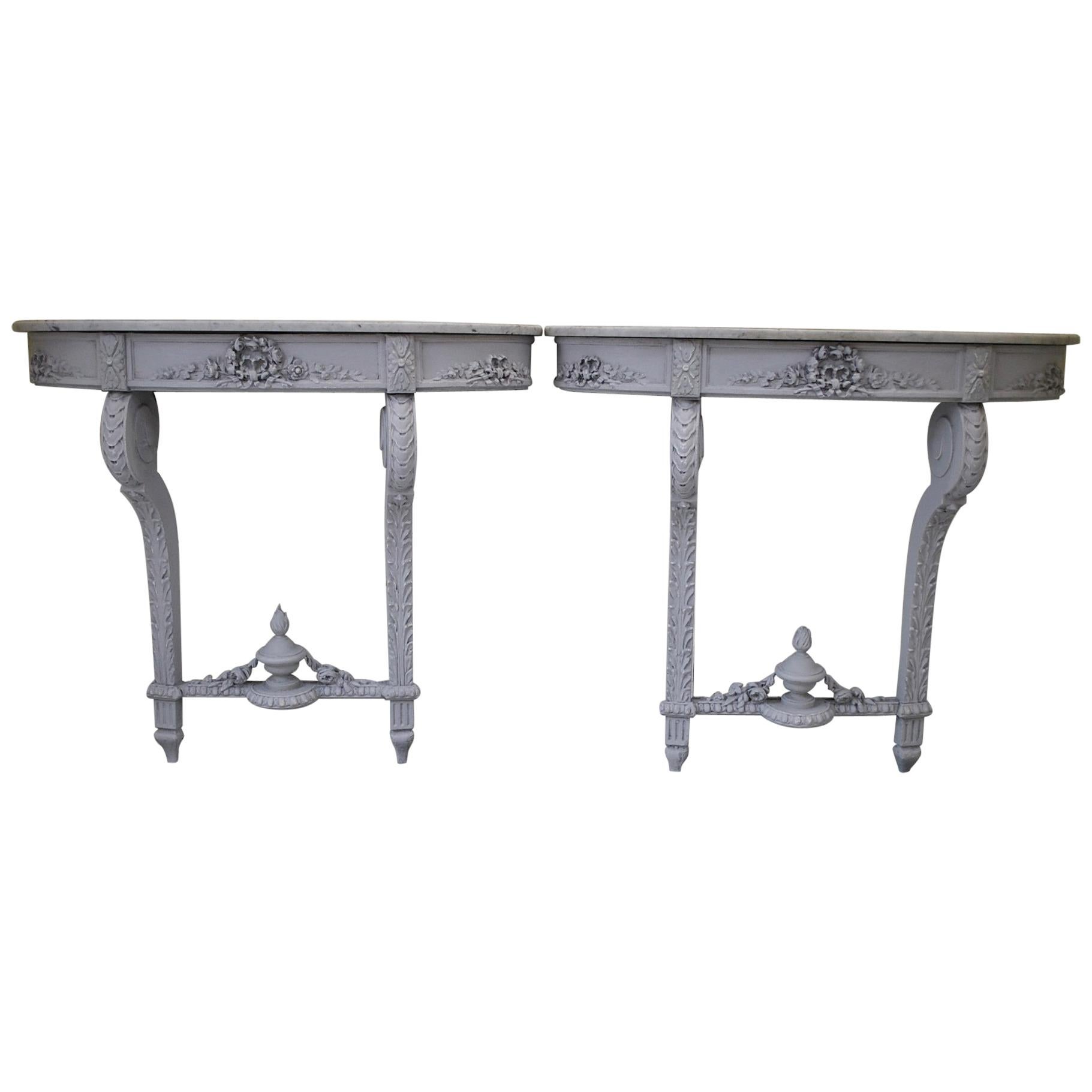 Pair of  French Antique neoclassical  grey painted Console Tables / Pier Tables For Sale