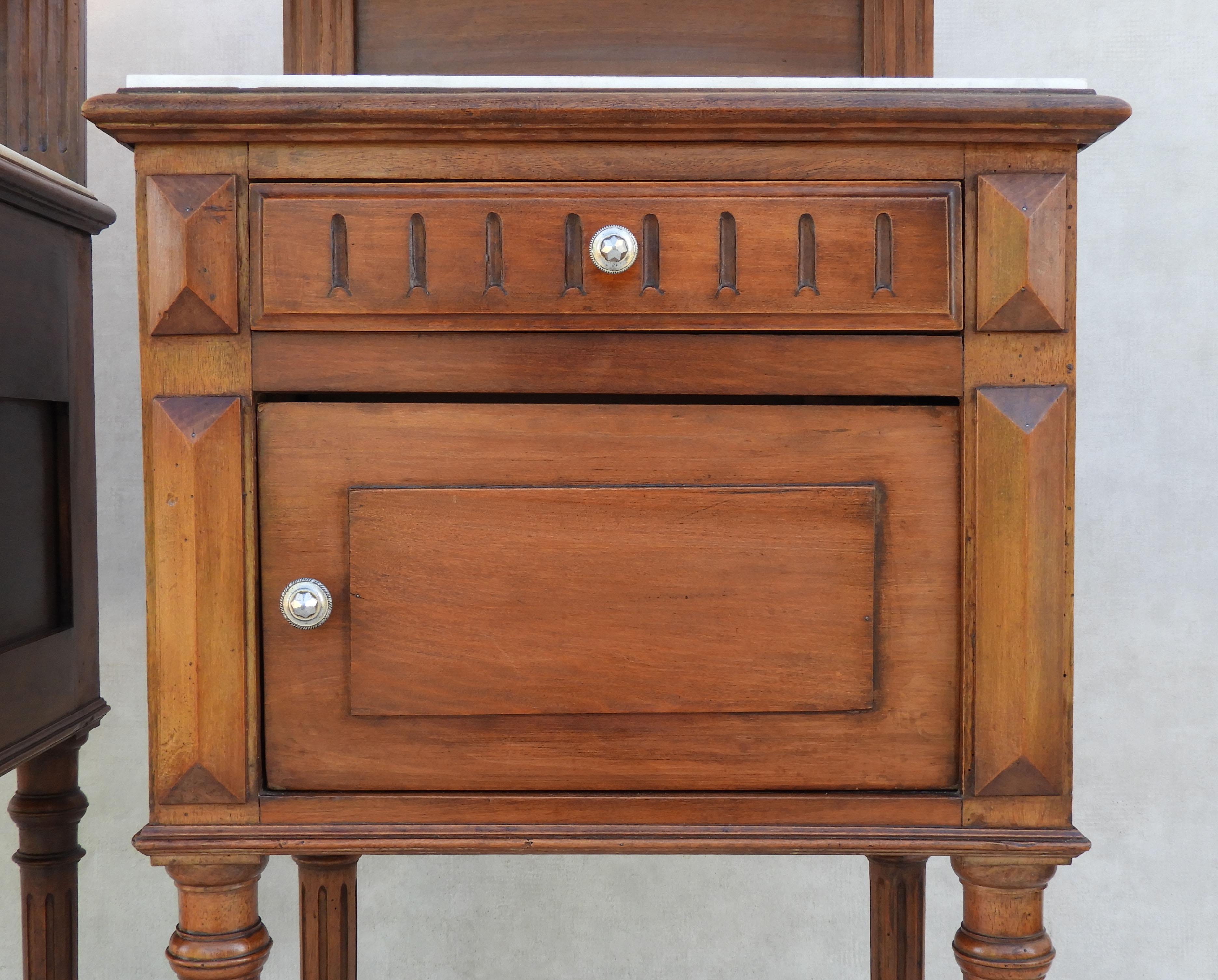 Pair of French Antique Night Stands or Bed Side Cabinets in Walnut and Marble 1