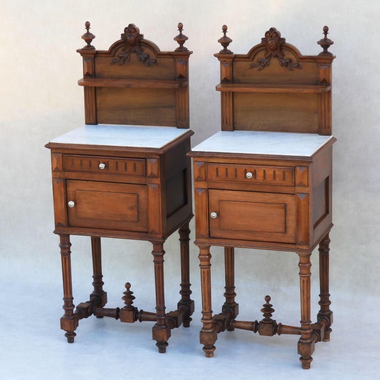 French Provincial Pair of French Antique Night Stands or Bed Side Cabinets in Walnut and Marble For Sale