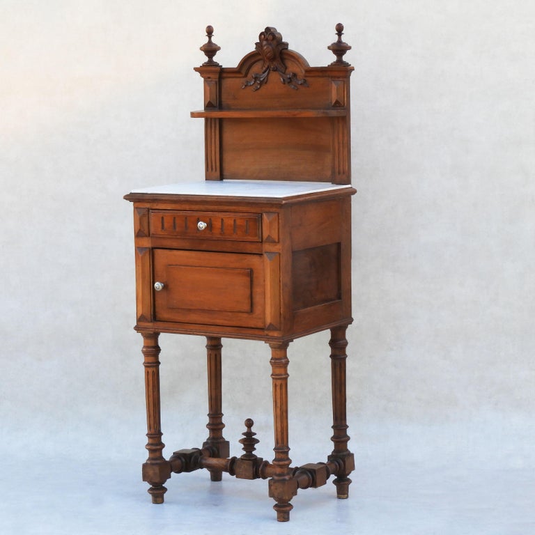 Carved Pair of French Antique Night Stands or Bed Side Cabinets in Walnut and Marble For Sale