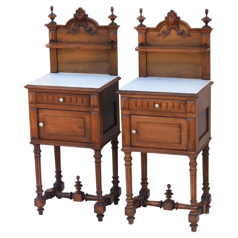 Pair of French Antique Night Stands or Bed Side Cabinets in Walnut and Marble For Sale