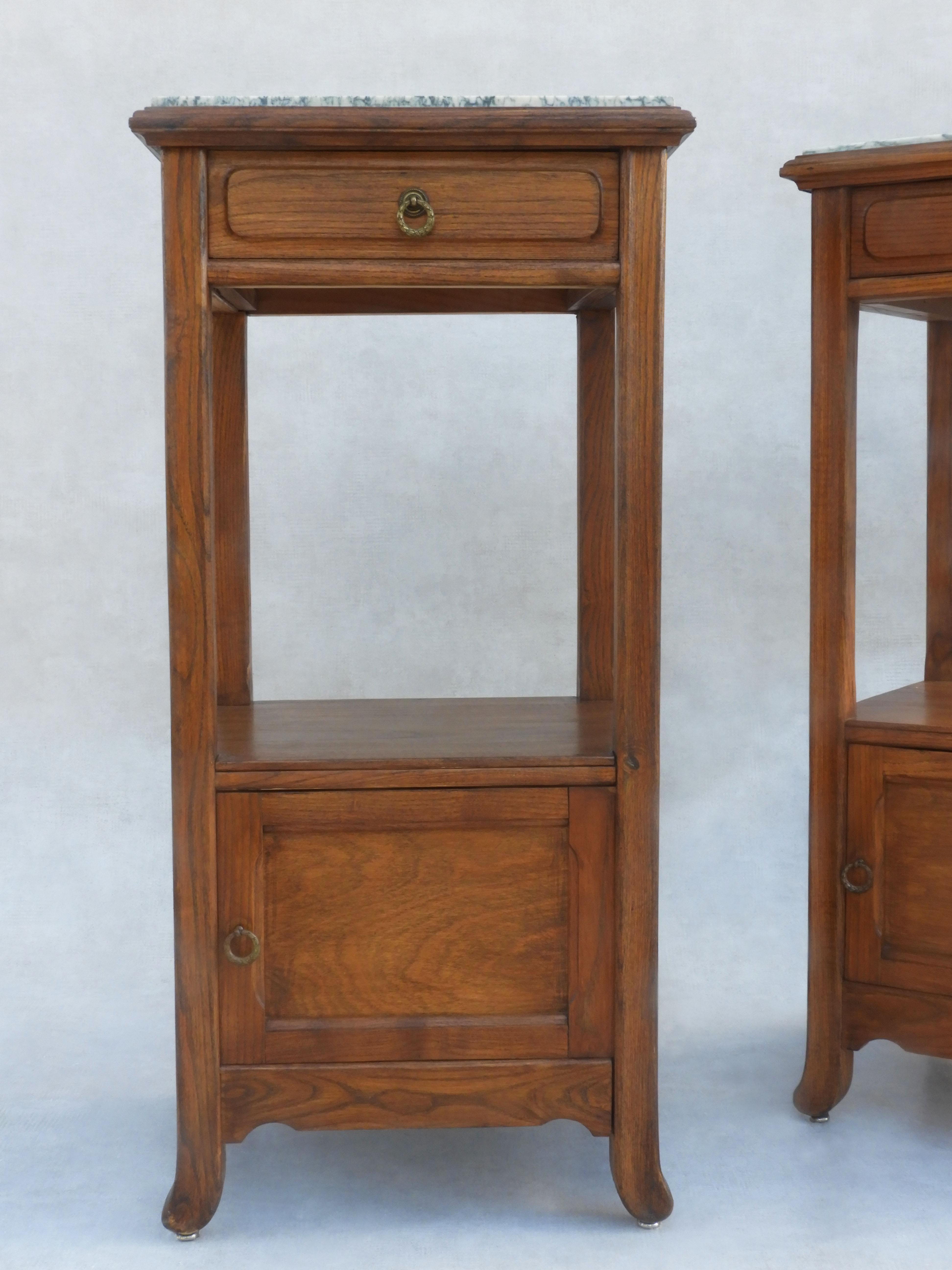Pair of French Antique Nightstands or Bed Side Cabinets in Oak and Marble, C1900 6
