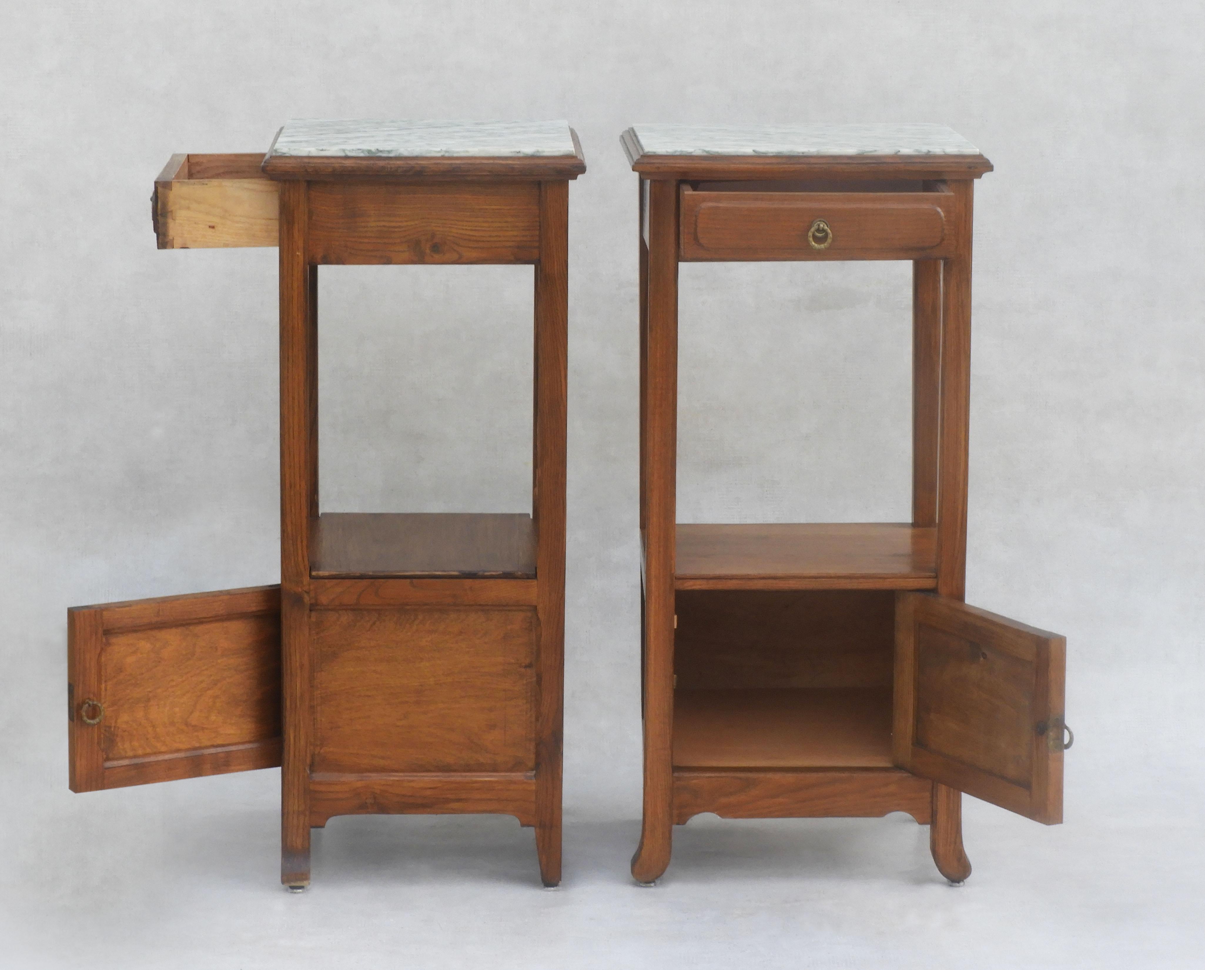 19th Century Pair of French Antique Nightstands or Bed Side Cabinets in Oak and Marble, C1900
