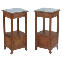 Pair of French Antique Nightstands or Bed Side Cabinets in Oak and Marble, C1900