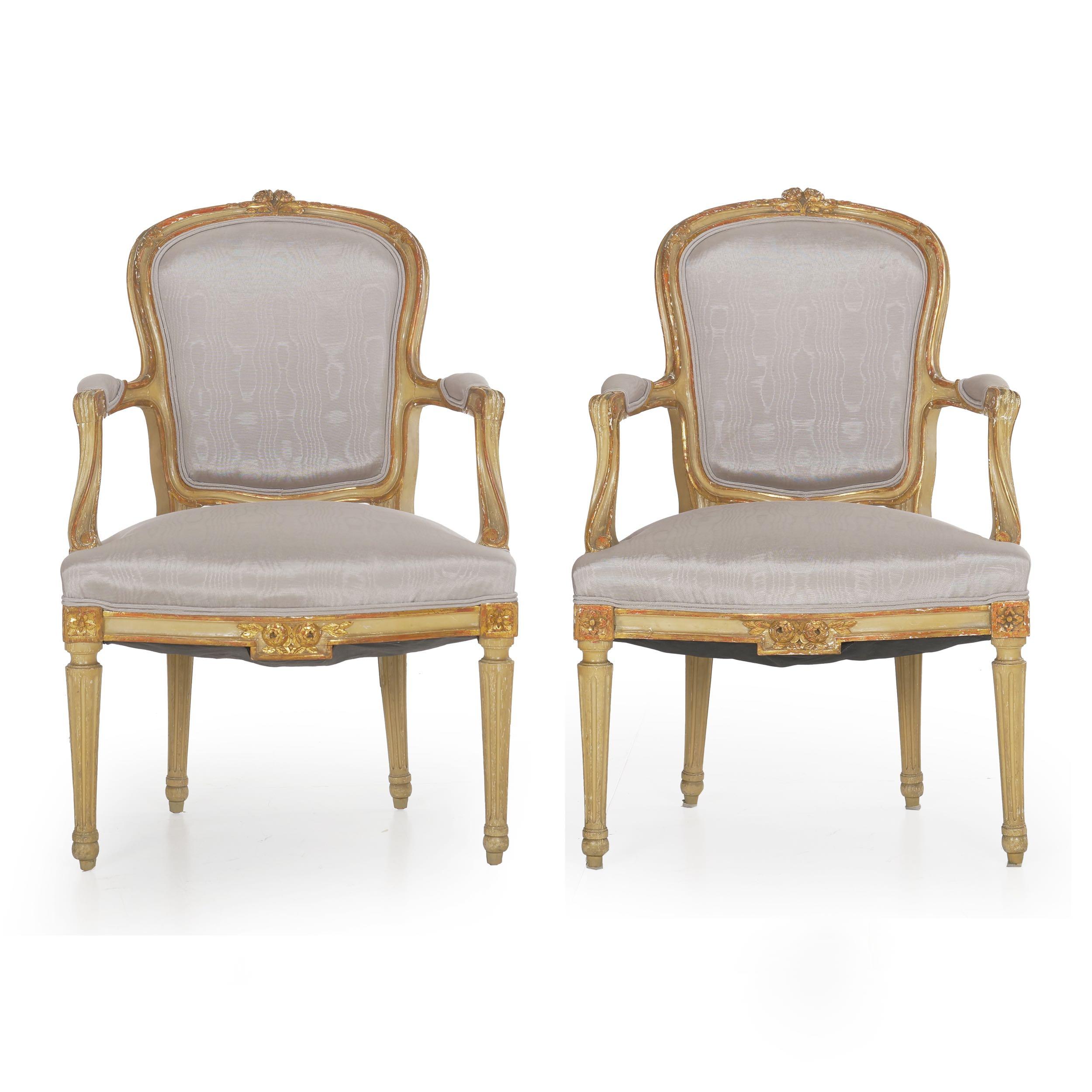 Pair of French neoclassical painted fauteuils
circa late 19th century
Item # 007EPT30 

A delightful pair of 19th century armchairs in the neoclassical taste of the Louis XVI period with an austere overall profile. The frames are lightly carved