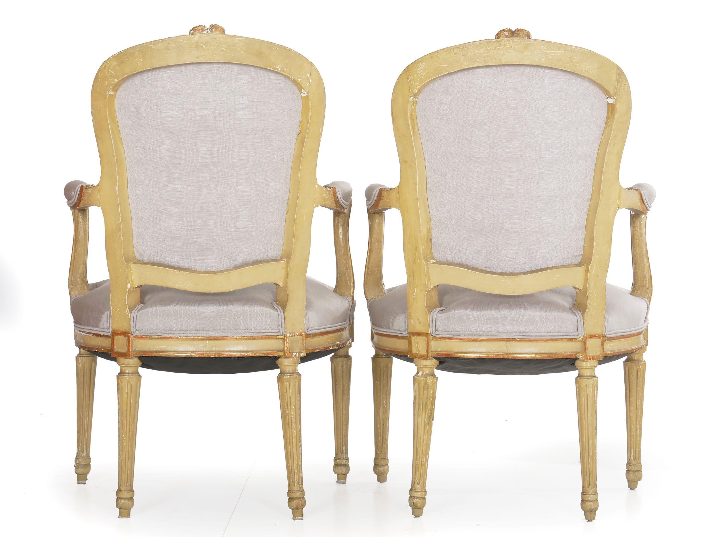 Wood Pair of French Antique Painted Louis XVI Style Armchairs Fauteuils, 19th Century