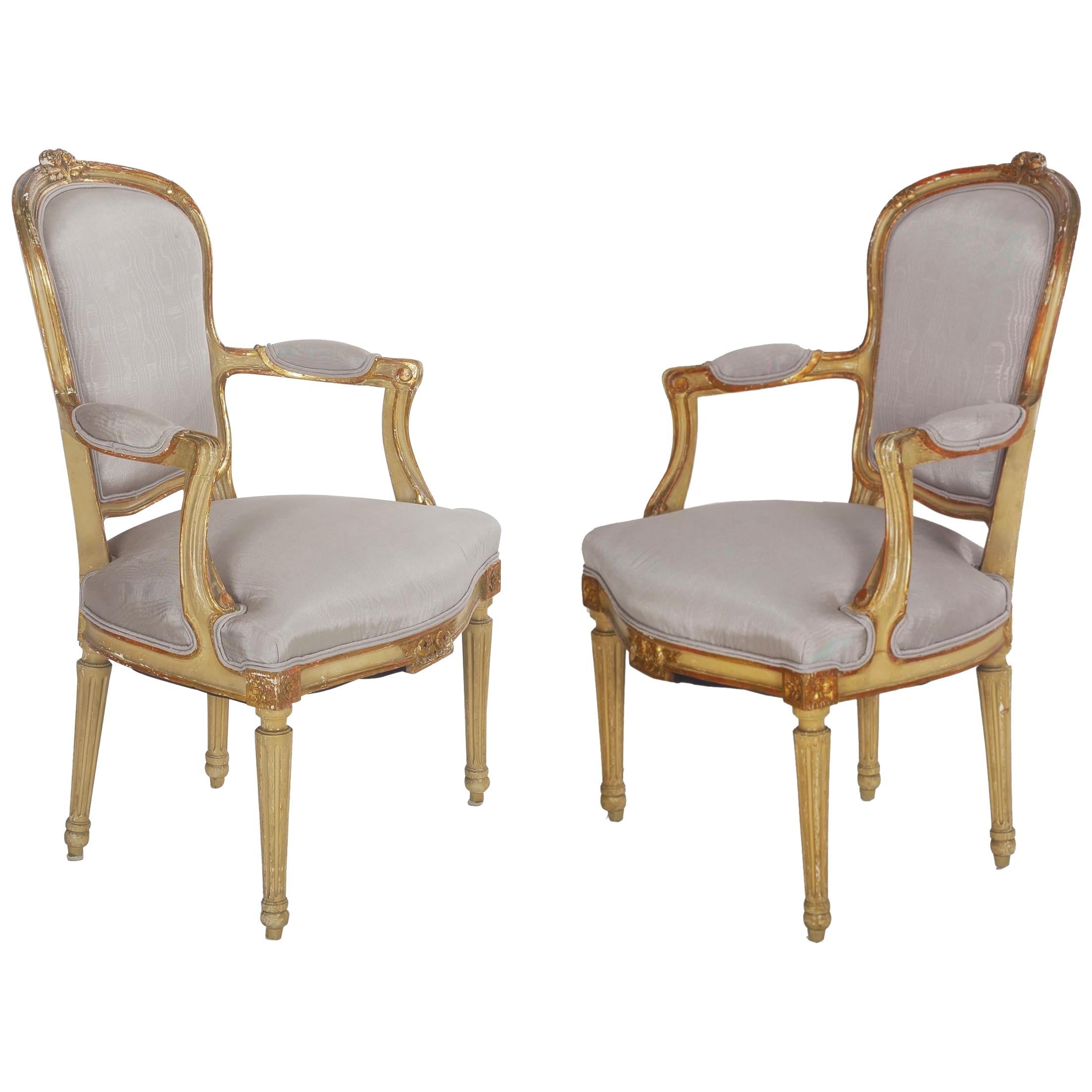 Pair of French Antique Painted Louis XVI Style Armchairs Fauteuils, 19th Century