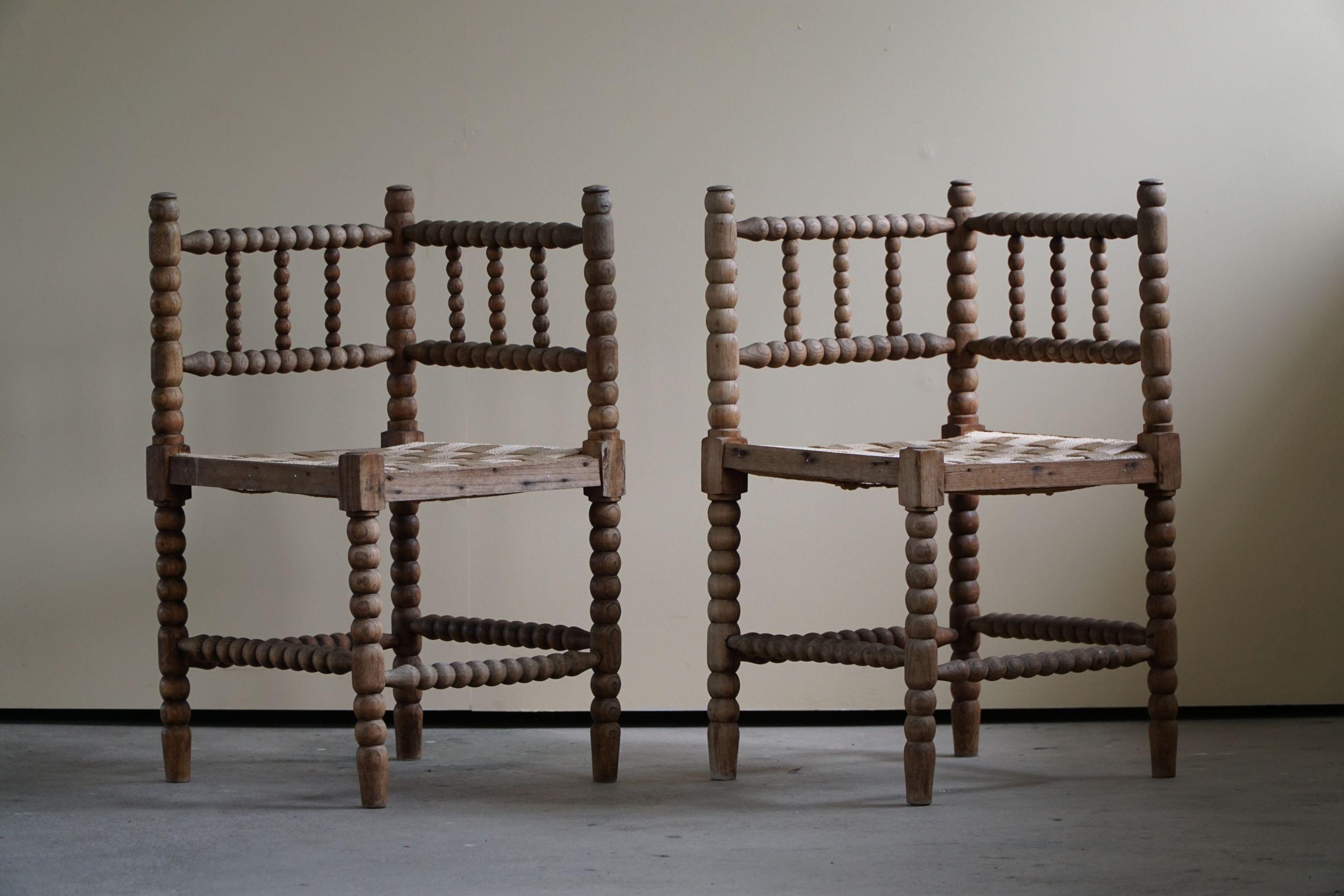 Pair of French Antique Provincial Hand Crafted Bobbin Corner Chairs, 19th C 3