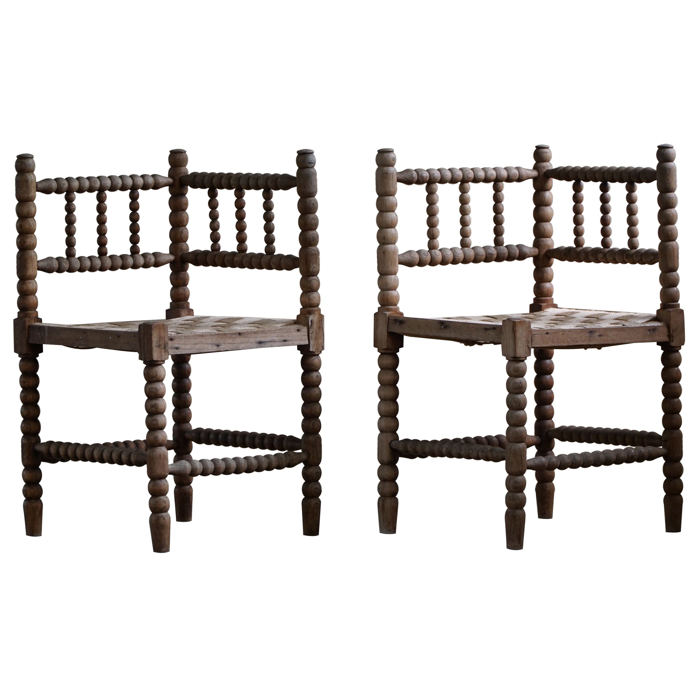 Pair of French Antique Provincial Hand Crafted Bobbin Corner Chairs, 19th C