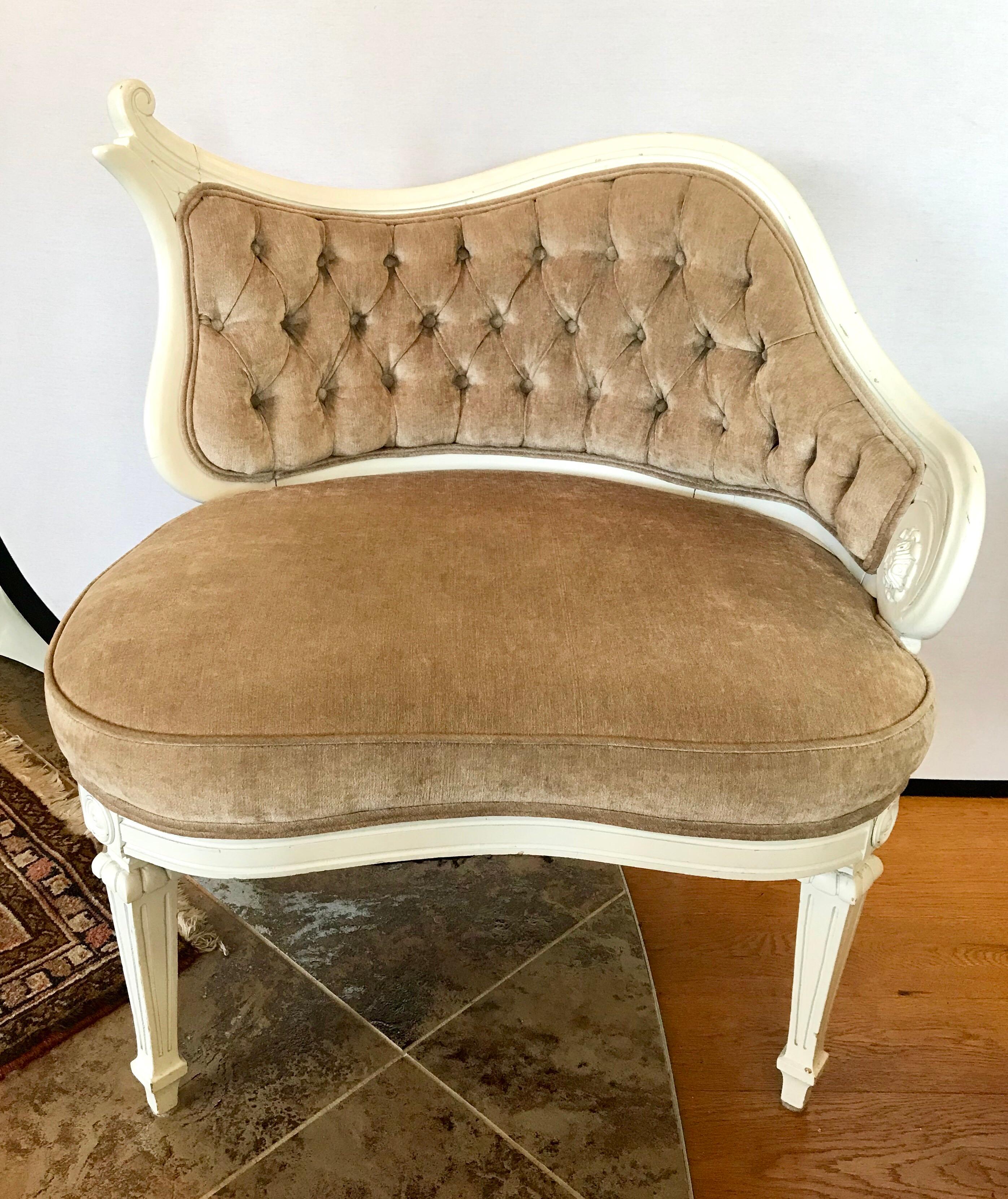 French Provincial Pair of French Antique Shaped Tufted Velvet Chairs