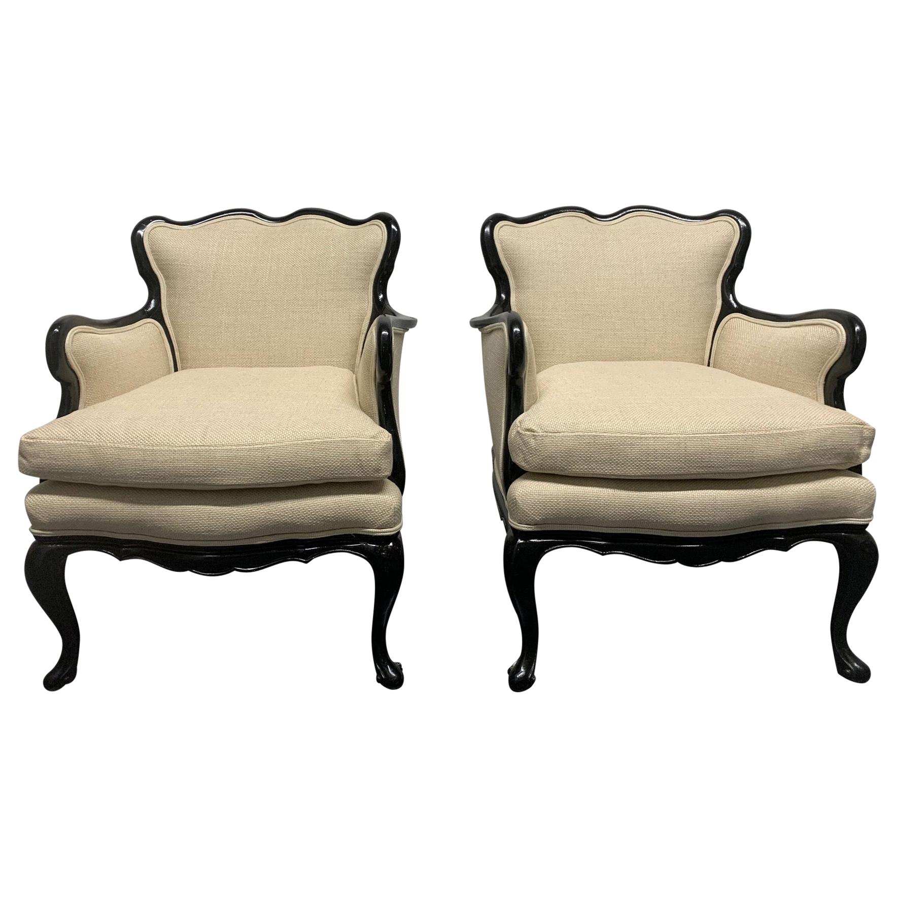 Pair of French Antique Style Lounge Chairs in Linen For Sale