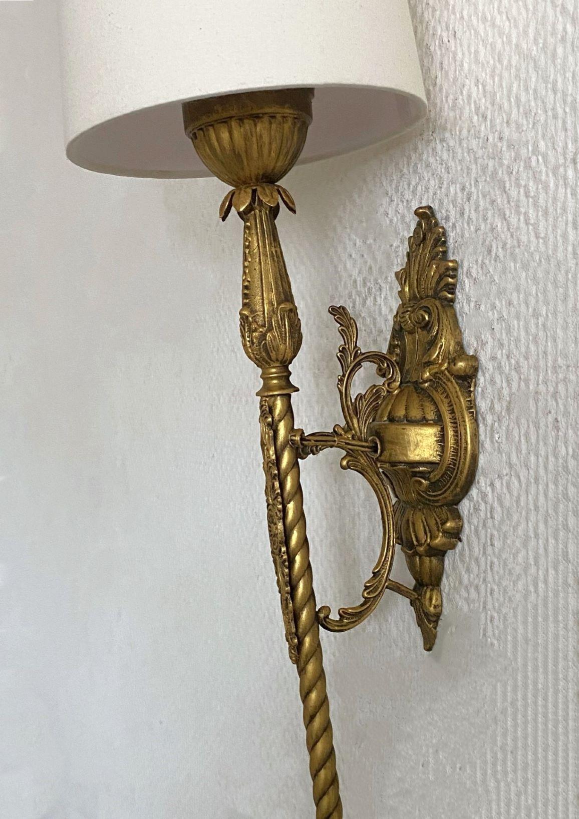 Pair of French Tall Art Deco Bronze Torchiere Wall Sconces, 1930s 7