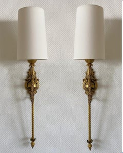 Pair of French Tall Art Deco Bronze Torchiere Wall Sconces, 1930s