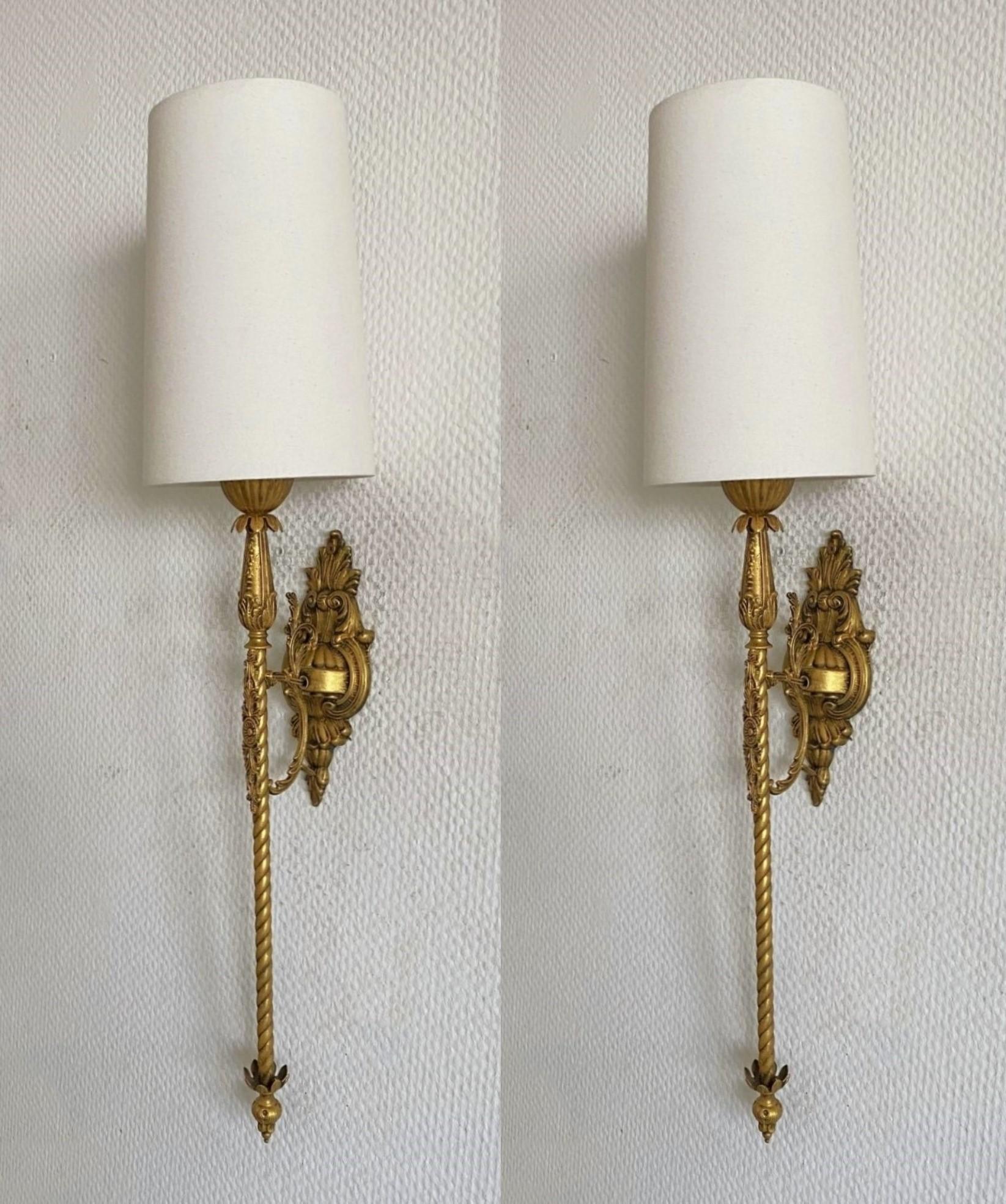 Mid-20th Century Pair of French Tall Art Deco Bronze Torchiere Wall Sconces, 1930s For Sale
