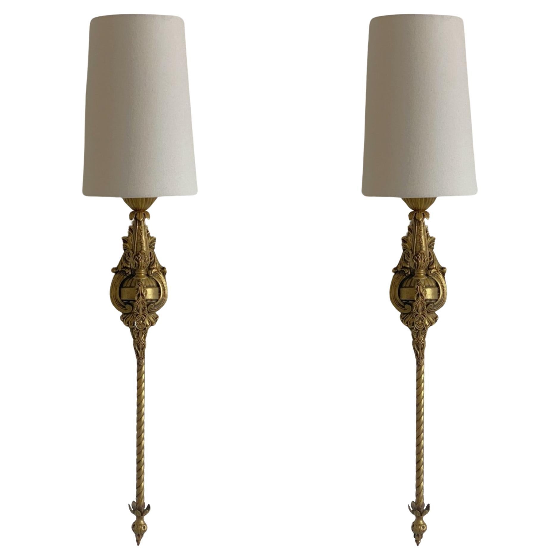 Pair of French Tall Art Deco Bronze Torchiere Wall Sconces, 1930s For Sale