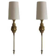 Pair of French Tall Art Deco Bronze Torchiere Wall Sconces, 1930s