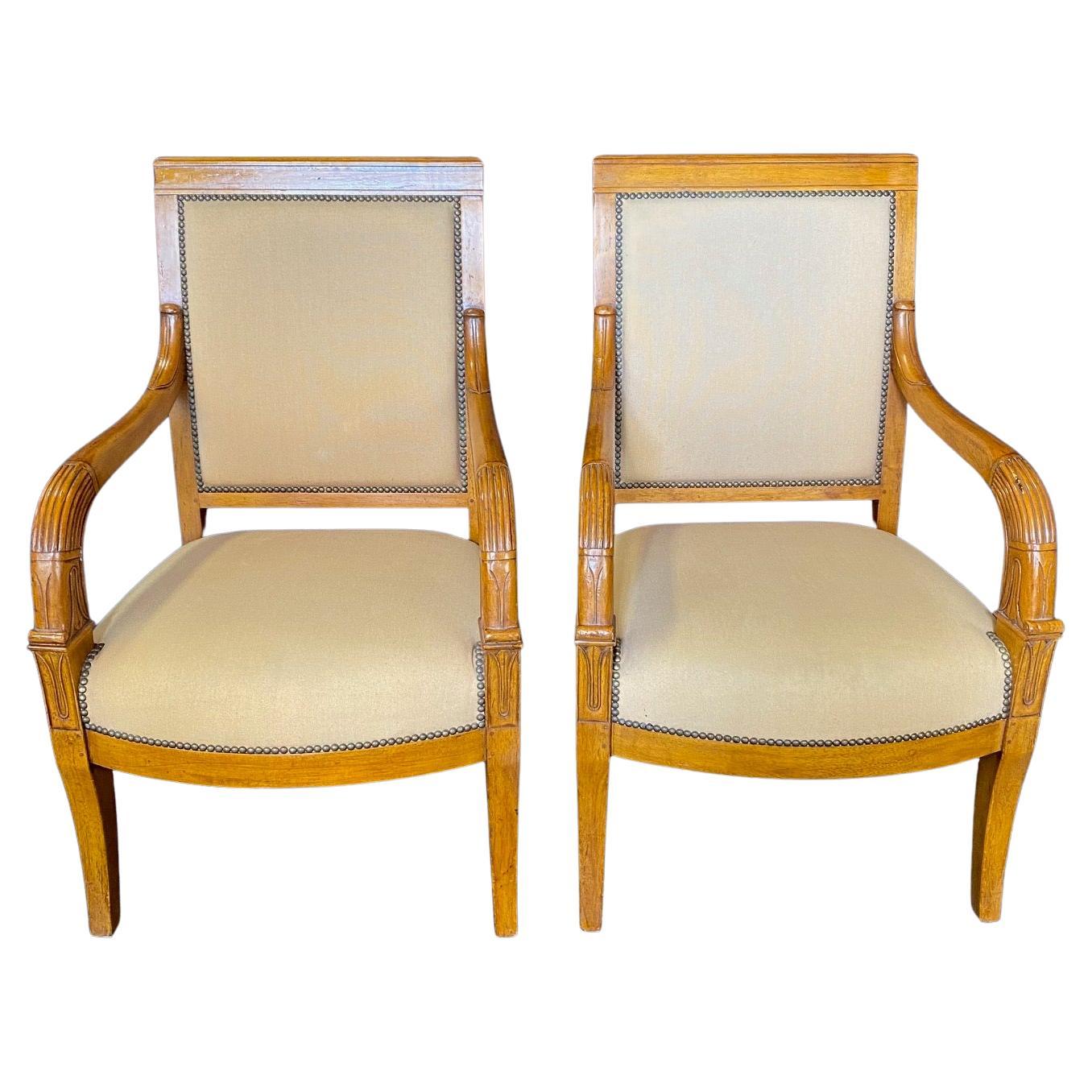  Pair of French Antique Walnut Empire Tulip Fauteuils or Armchairs  For Sale