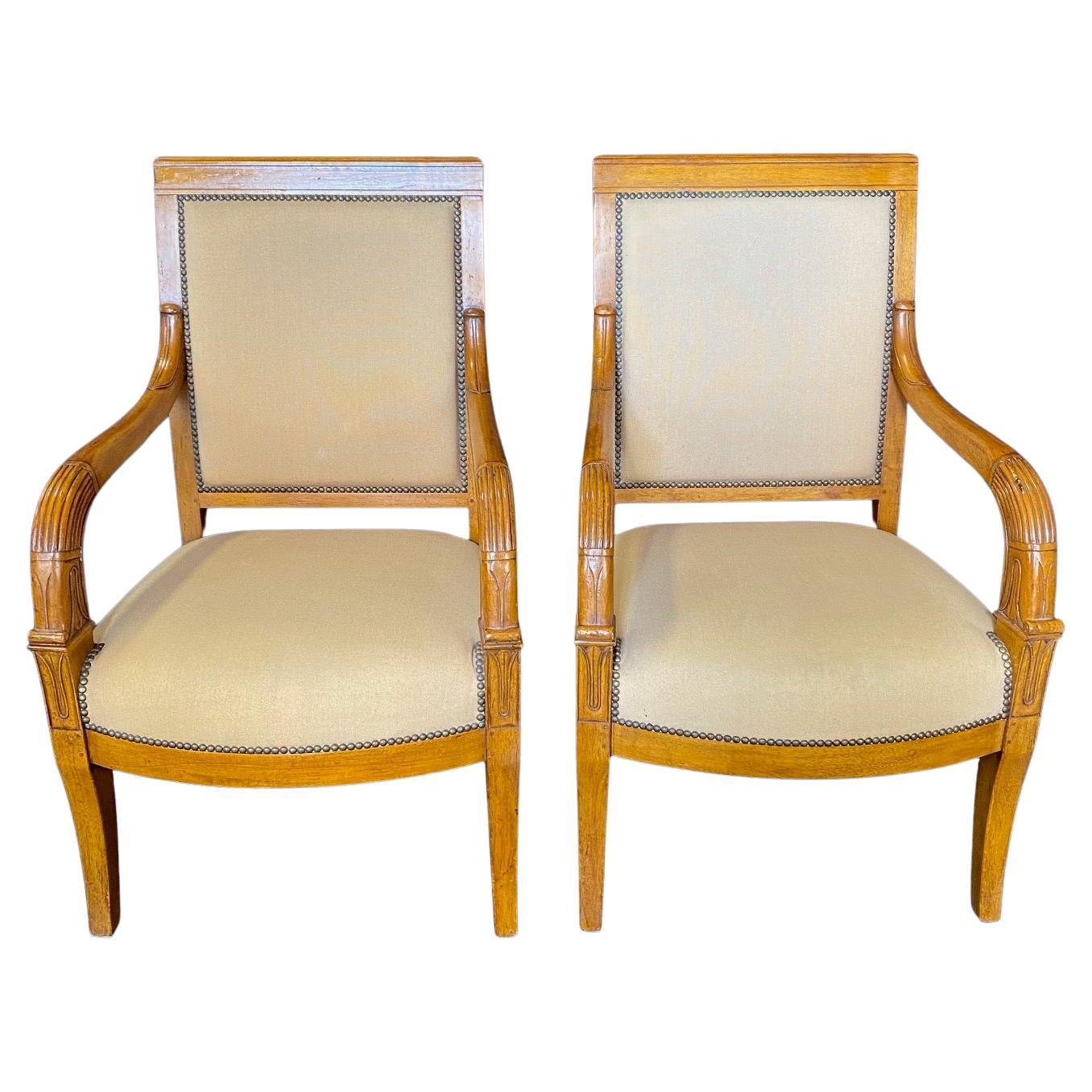  Pair of French Antique Walnut Empire Tulip Fauteuils or Armchairs 