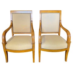 Pair of French Vintage Walnut Empire Tulip Fauteuils or Armchairs 