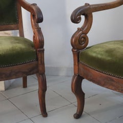 Pair of French antiques armchairs in walnut and green fabric 19th century