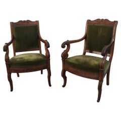 Antique Pair of French antiques armchairs in walnut and green fabric 19th century