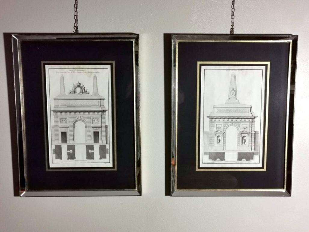 Prestigious pair of antique prints of architecture with monumental doors of cities, castles and important buildings, printed in 1762 in France; the prints are part of a series of six pieces from the 