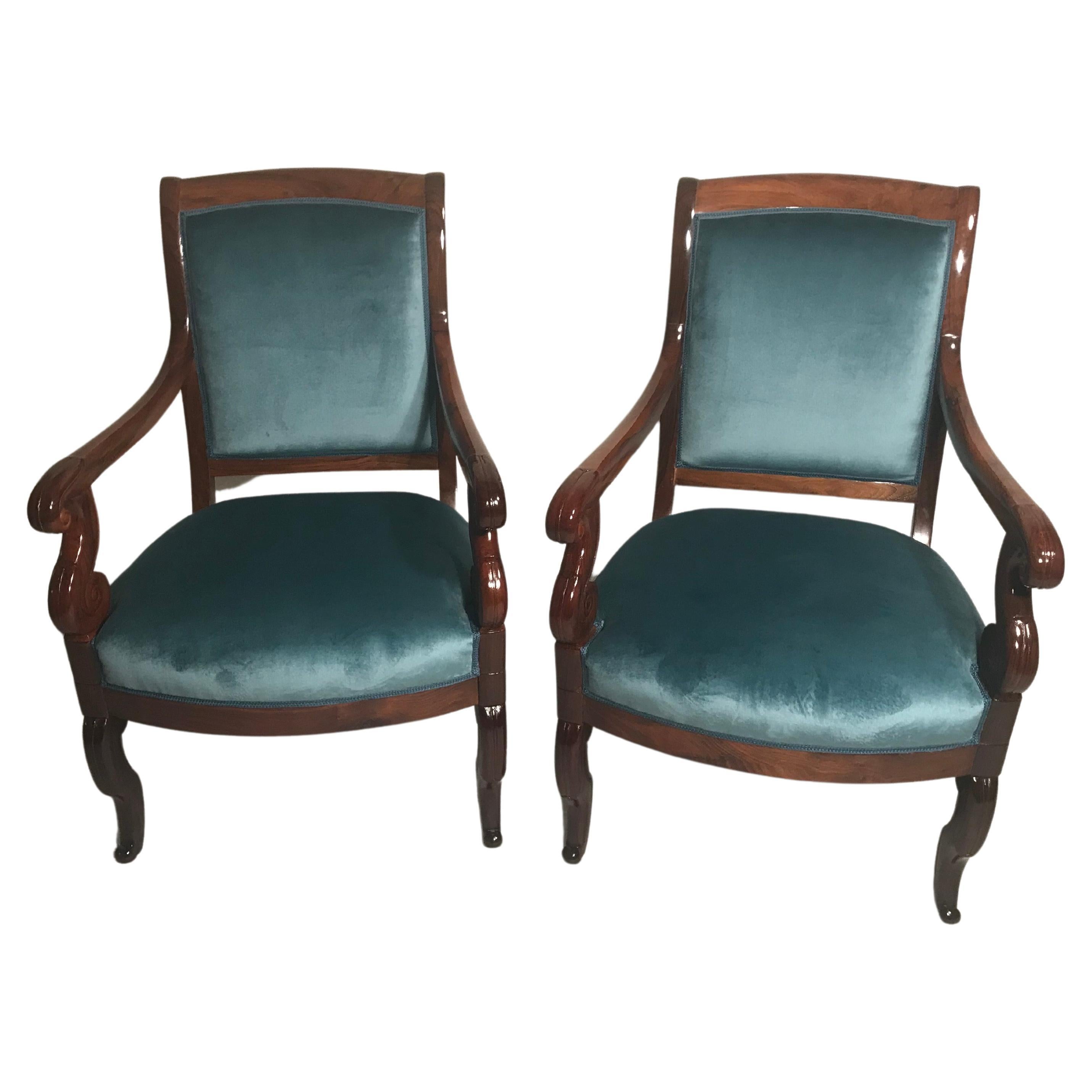 Pair of French Armchairs, 1830, Walnut For Sale