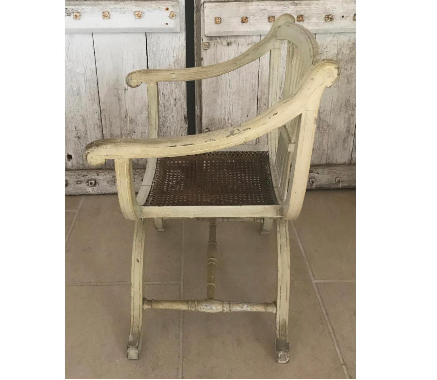 Painted Pair of French Armchairs Fauteuil White Carved Back 1800s 1900s Antique Empire For Sale