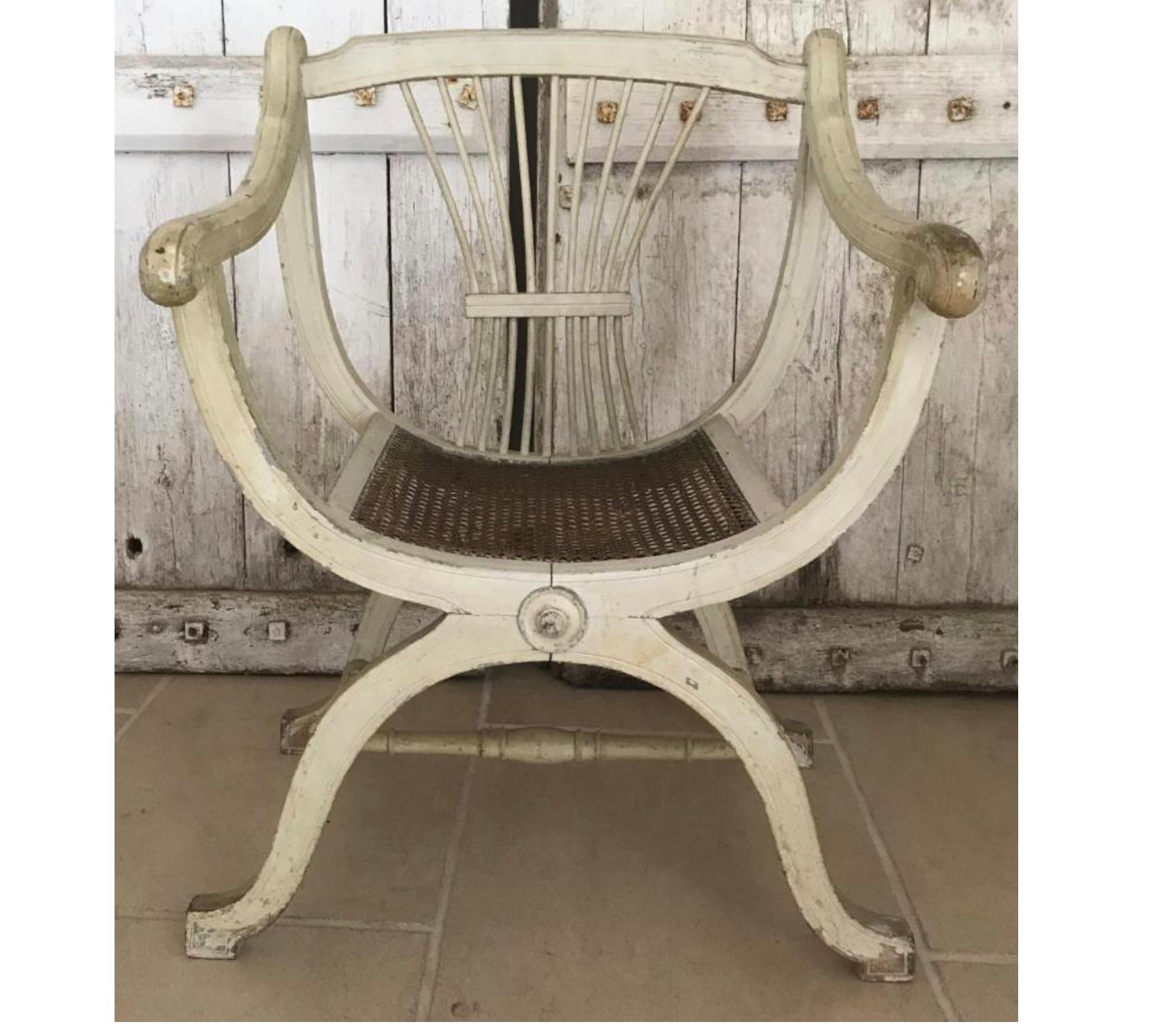Pair of French Armchairs Fauteuil White Carved Back 1800s 1900s Antique Empire In Good Condition For Sale In Lewes, England