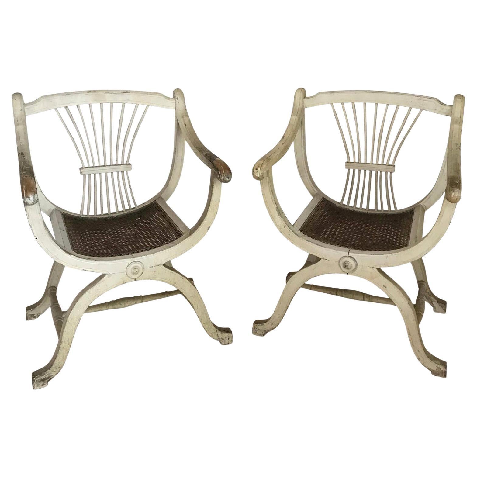 Pair of French Armchairs Fauteuil White Carved Back 1800s 1900s Antique Empire