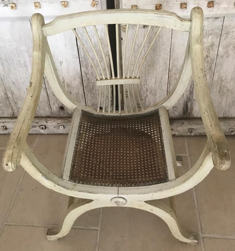 Painted Pair of French Armchairs Fauteuil White Carved Back Early 1900s Antique Empire For Sale