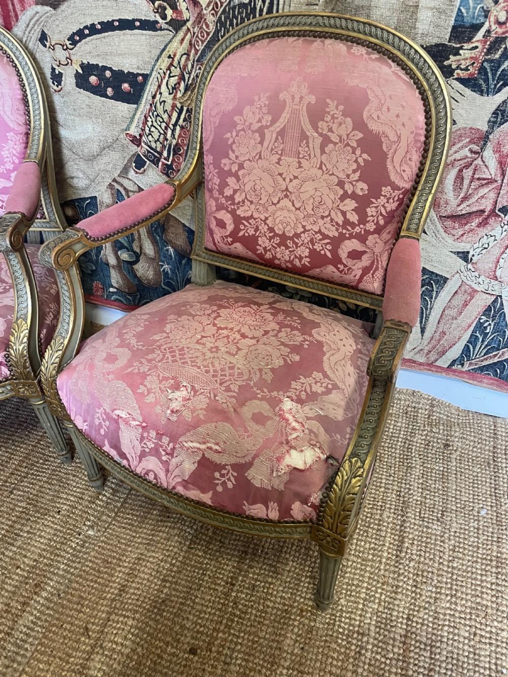 Great pair of 19th century gilt and painted armchairs
Nice large proportions , need reupholstering but the frames are solid / firm
Height 39 inches or 99 cms
Width 27 inches or 69 cms
Depth 27 inches or 69 cms