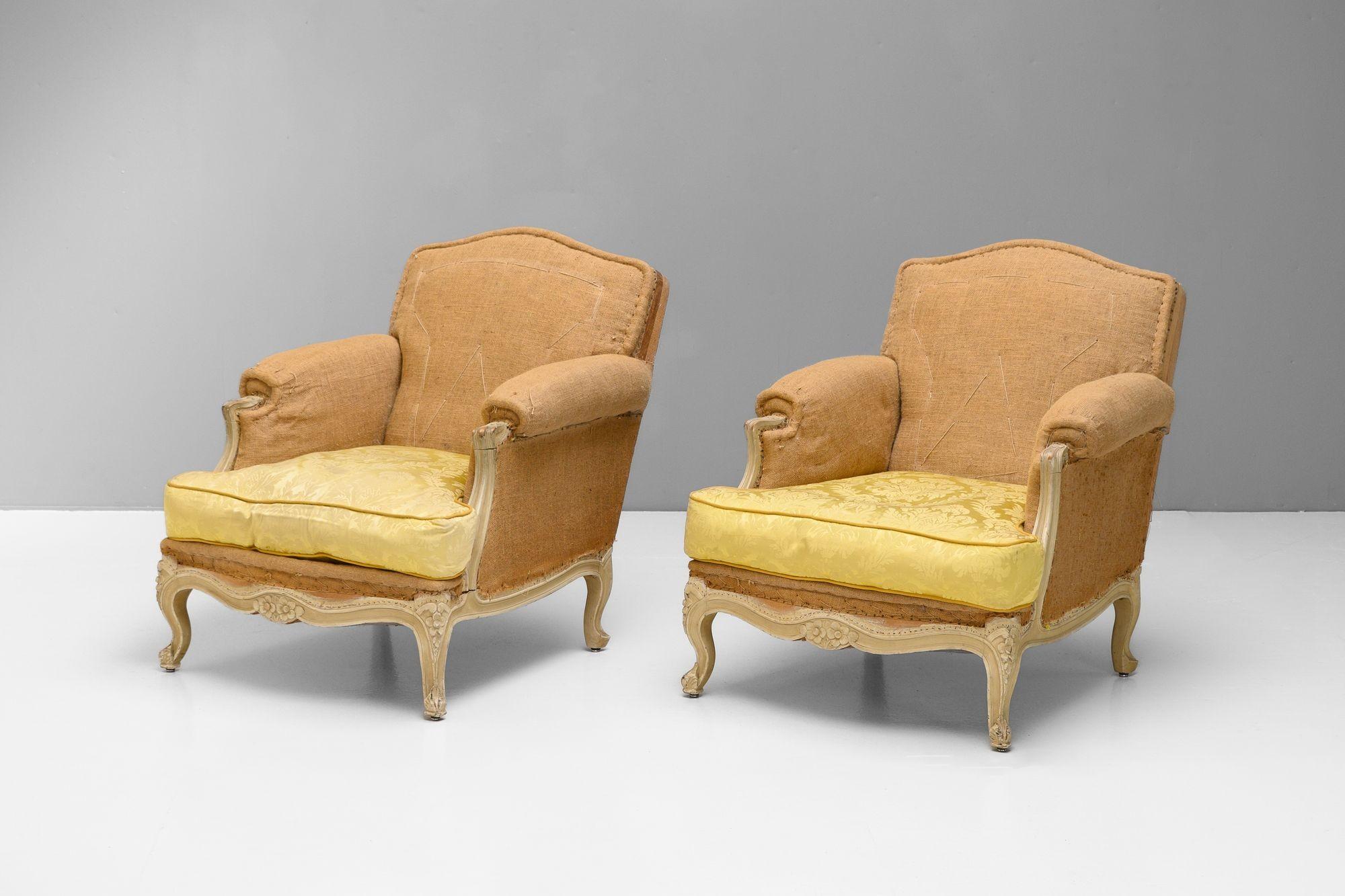 Pair of French armchairs on cab legs in original paint finish. Circa 1930.

H 90cm (SH 46cm) x W 80cm x D 96cm