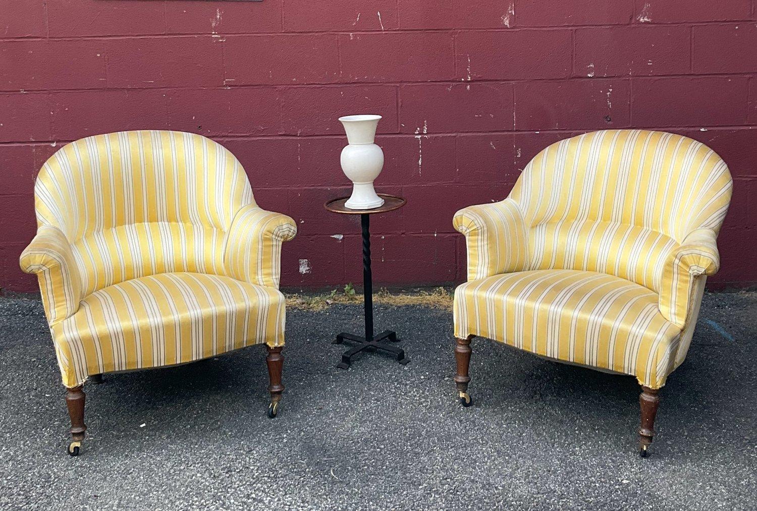Napoleon III Pair of French Armchairs in Gold Striped Silk